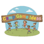 Illustration of five children playing outdoors under a wooden sign that reads "Camp Game Ideas" in colorful letters.