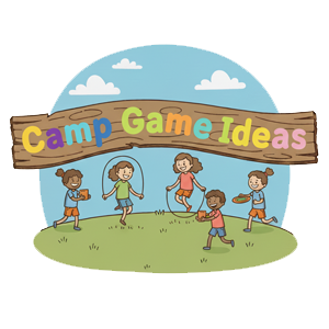 Illustration of five children playing outdoors under a wooden sign that reads "Camp Game Ideas" in colorful letters.